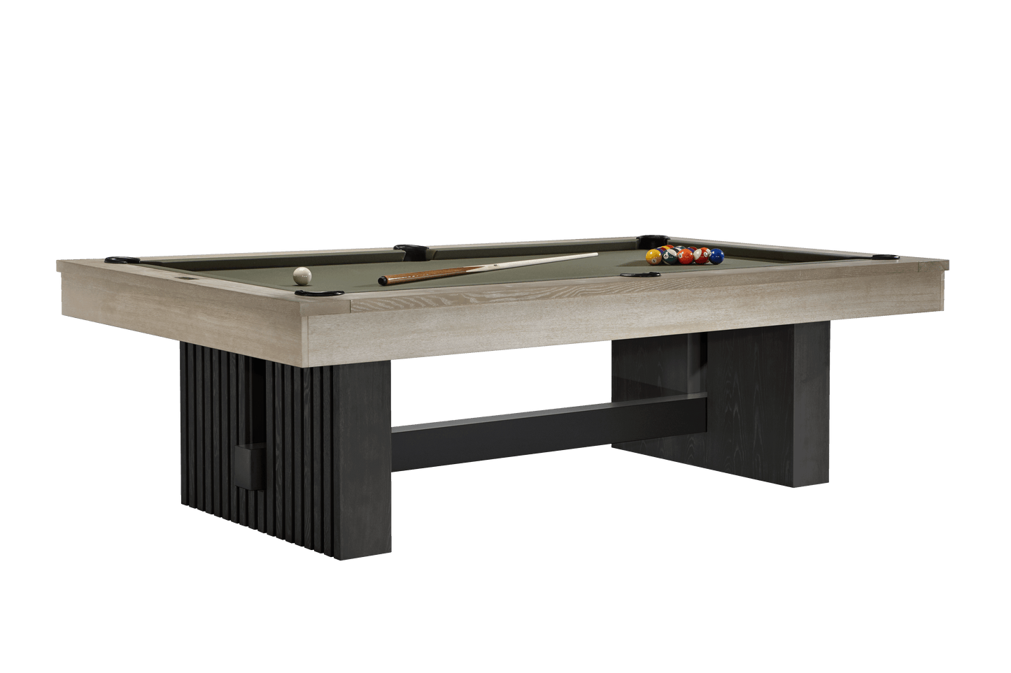 Billiard balls arranged across table with natural ash top and vertical slat base detail
