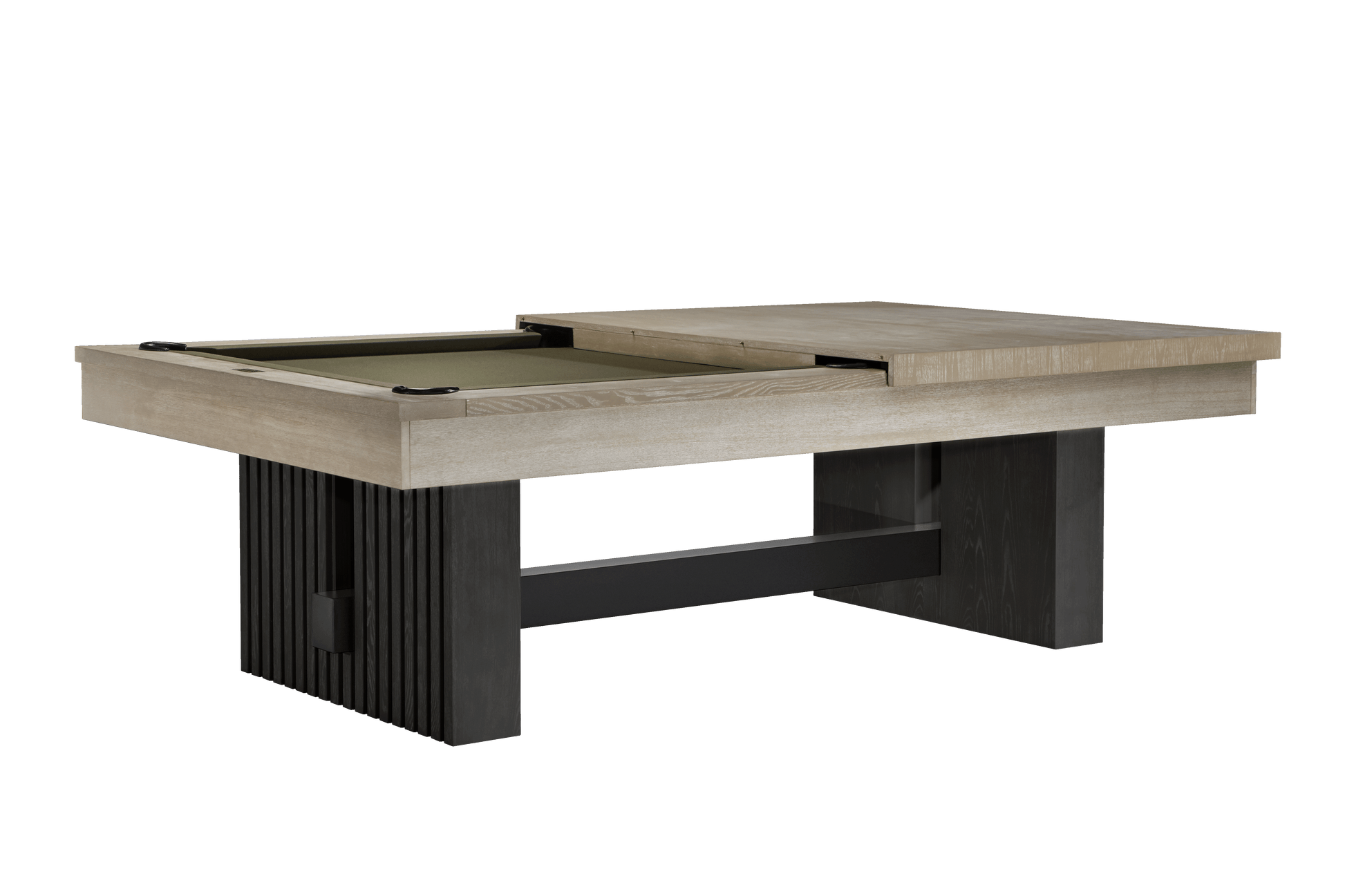 Overhead perspective of eight-foot pool table with cover closed on playing surface