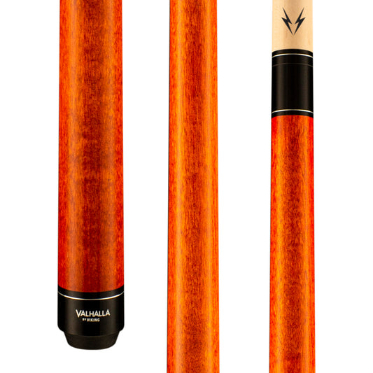 Valhalla VA109 orange stain wrapless pool cue full view and detail.