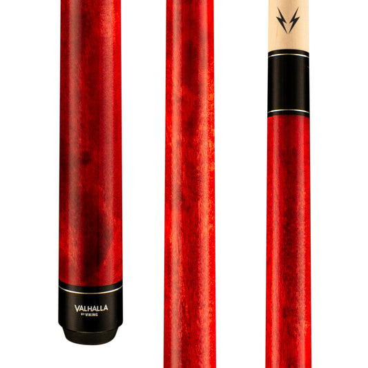 Valhalla VA104 red stain wrapless pool cue showing joint and butt.