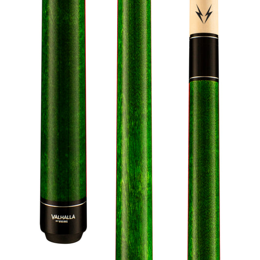 Valhalla VA105 green stain wrapless pool cue close-up details.