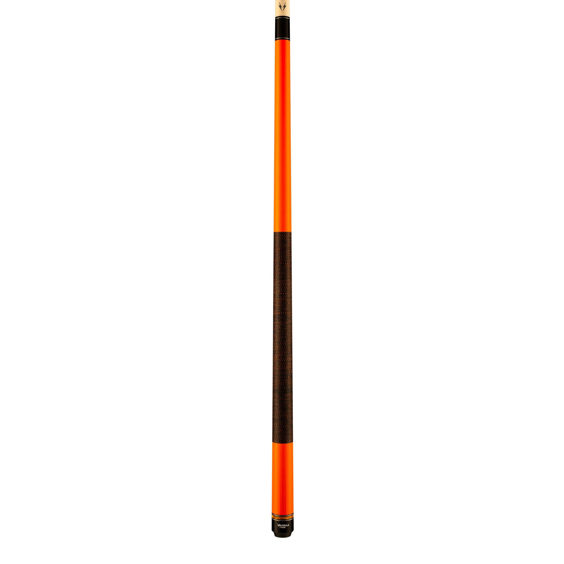 Full view of an orange pool cue stick with dark wrap.